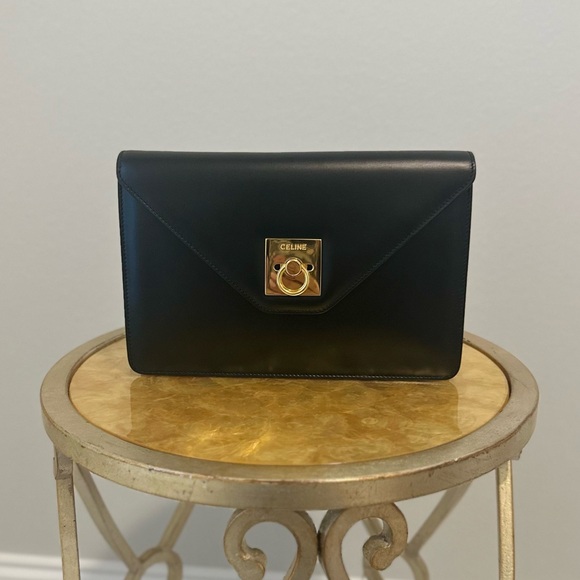 Vintage Celine Black Leather Horseshoe Hoop Envelope Clutch - Picture 1 of 13